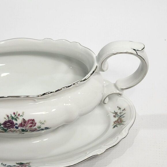 Crown Bavaria Gravy Boat w Attached Underplate Germany Silver Trim Bouquet - Picture 9 of 10